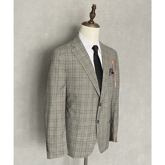 Tallia Men's 44 Short Suit Jacket Stretch Wool Blend Cream/Brown Plaid NEW - Picture 3 of 10